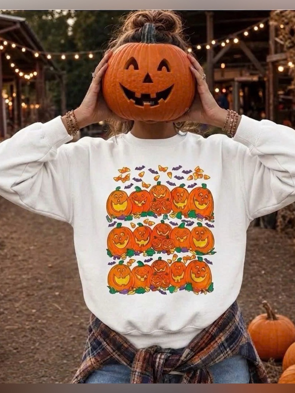 Cute Halloween Pumpkin Candy Corn Crewneck Sweatshirt White Fall Sweater